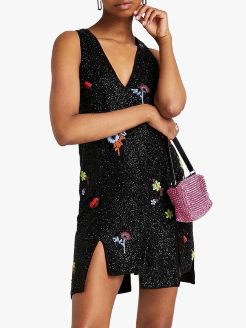 Ganni Black Sparkle V-Neck Mini Dress with Multicolor Floral Embroidery